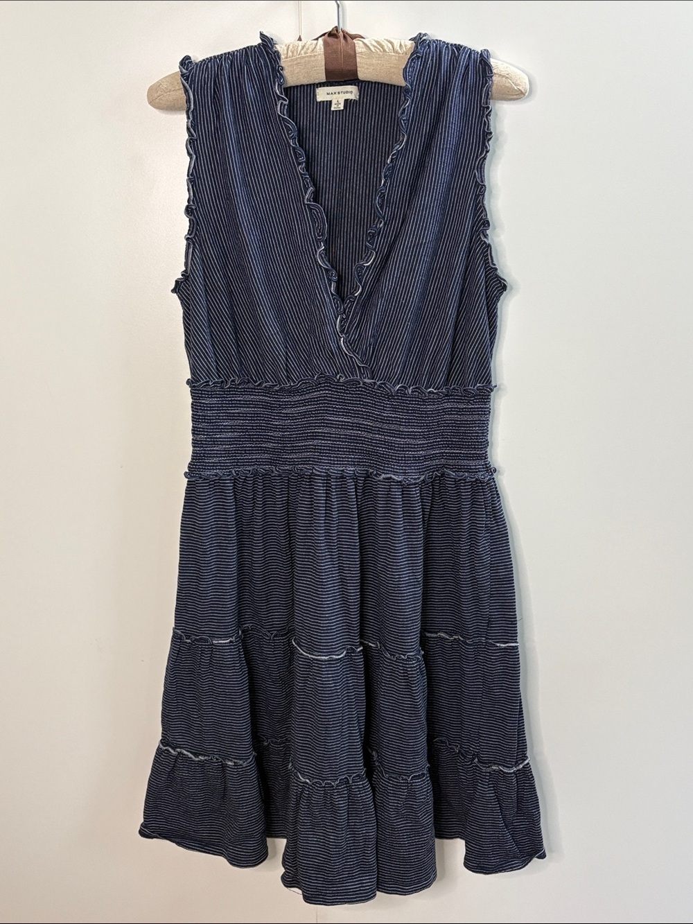 Max Studio Navy and White Striped Sleeveless Midi Dress